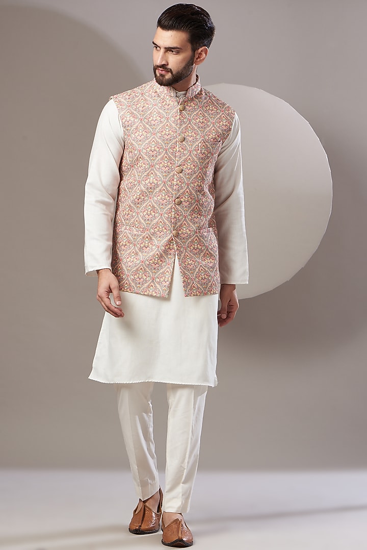 Olive Green Embroidered Nehru Jacket by Kasbah Clothing at Pernia's Pop Up Shop