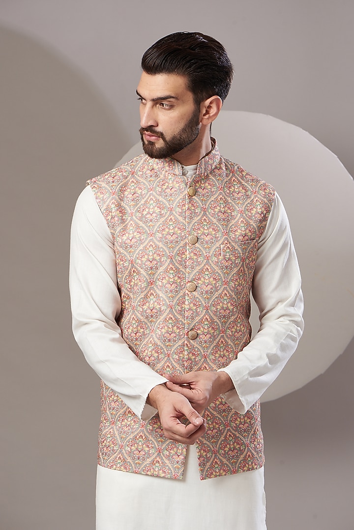 Olive Green Embroidered Nehru Jacket by Kasbah Clothing at Pernia's Pop Up Shop