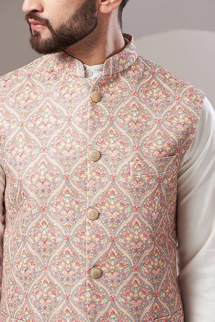 Olive Green Embroidered Nehru Jacket by Kasbah Clothing at Pernia's Pop Up Shop