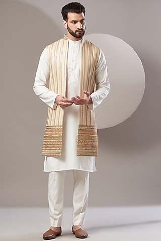 Beige Embroidered Long Jacket by Kasbah Clothing