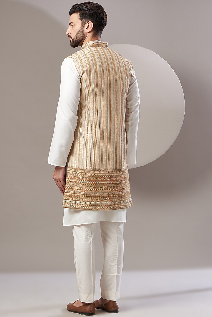 Beige Embroidered Long Jacket by Kasbah Clothing at Pernia's Pop Up Shop