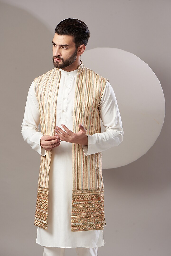 Beige Embroidered Long Jacket by Kasbah Clothing at Pernia's Pop Up Shop