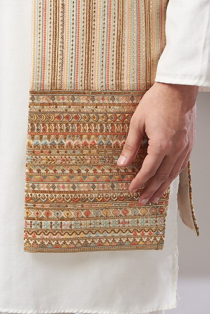 Beige Embroidered Long Jacket by Kasbah Clothing at Pernia's Pop Up Shop