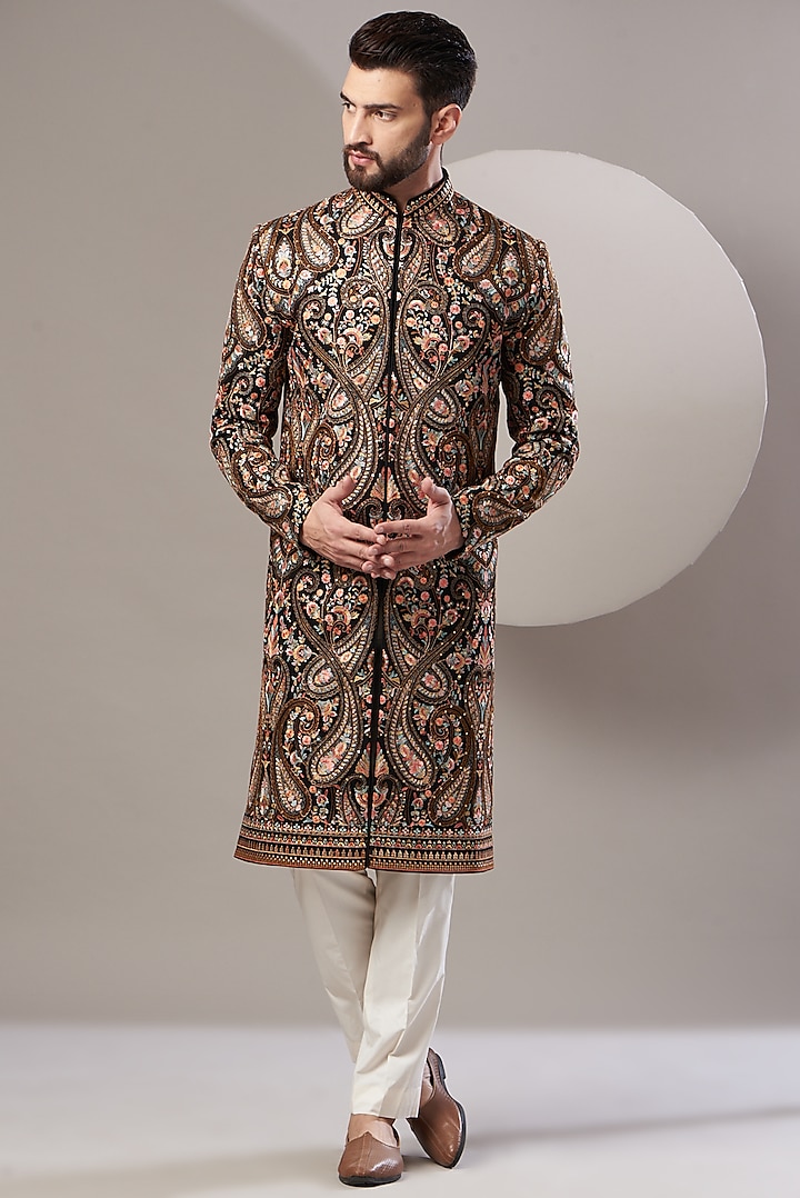 Black Georgette Thread Embroidered Wedding Sherwani by Kasbah Clothing at Pernia's Pop Up Shop