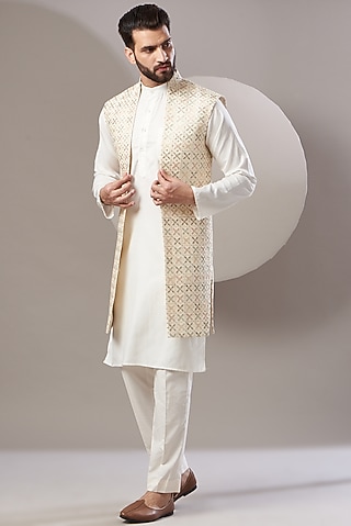 Off White Embroidered Long Jacket by Kasbah Clothing