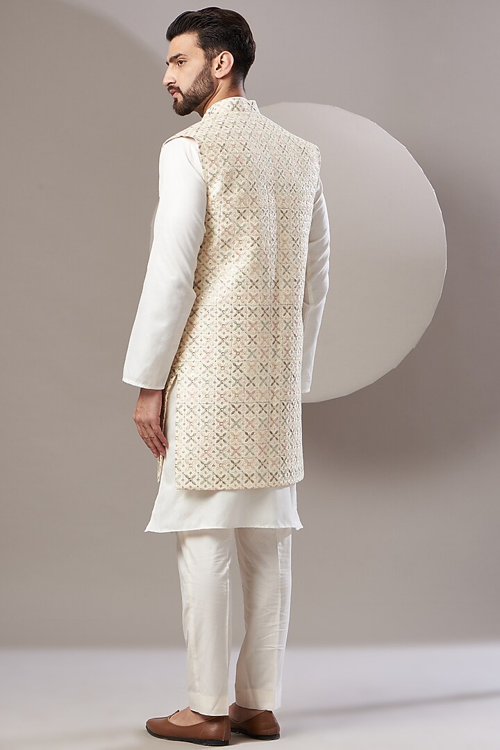 Off White Embroidered Long Jacket by Kasbah Clothing at Pernia's Pop Up Shop