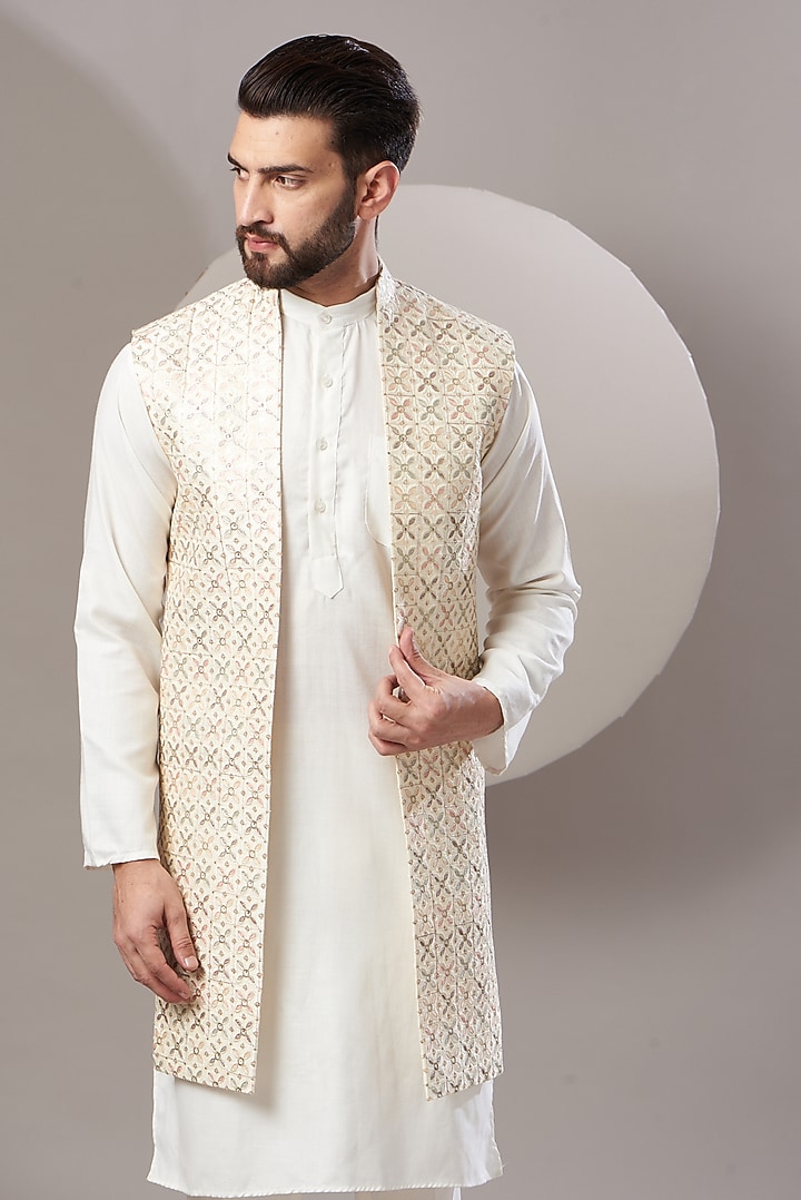 Off White Embroidered Long Jacket by Kasbah Clothing at Pernia's Pop Up Shop