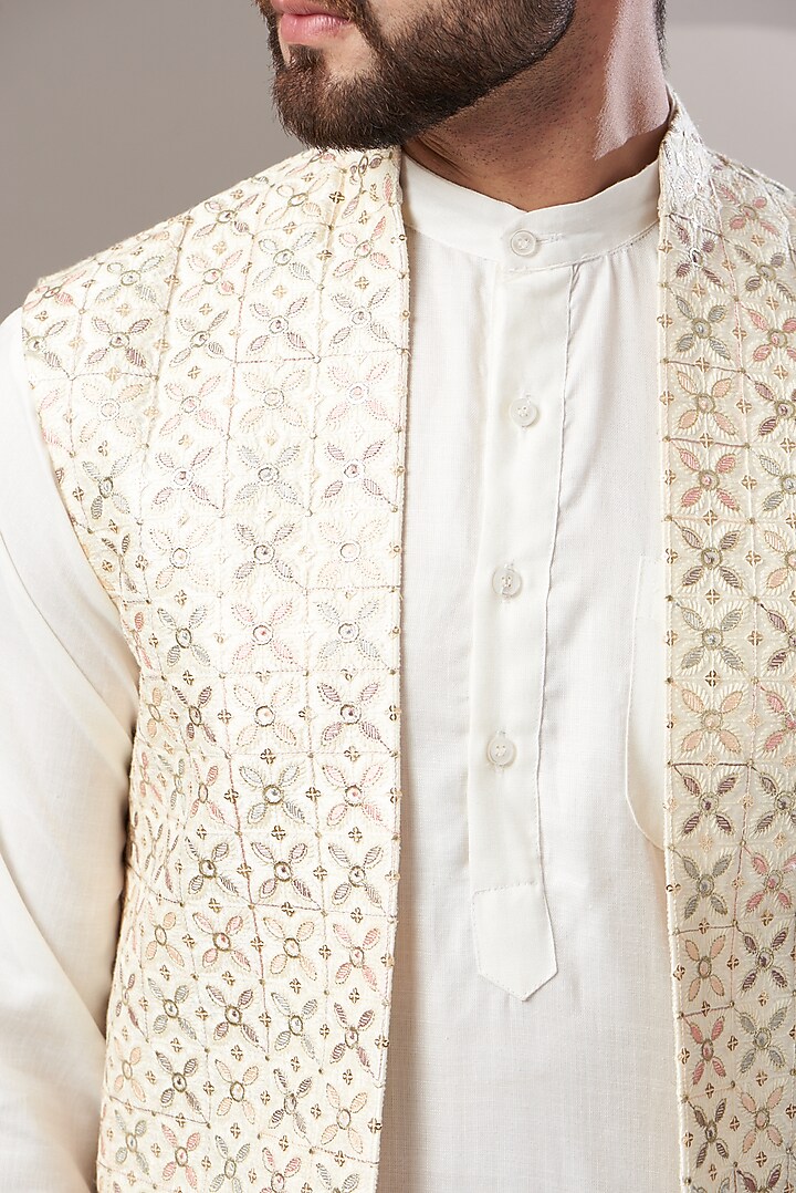 Off White Embroidered Long Jacket by Kasbah Clothing at Pernia's Pop Up Shop