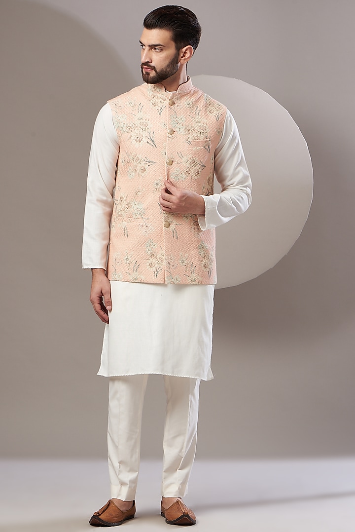 Peach Embroidered Nehru Jacket by Kasbah Clothing at Pernia's Pop Up Shop