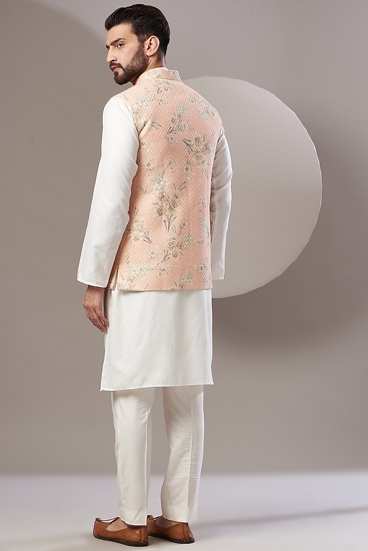 Peach Embroidered Nehru Jacket by Kasbah Clothing at Pernia's Pop Up Shop