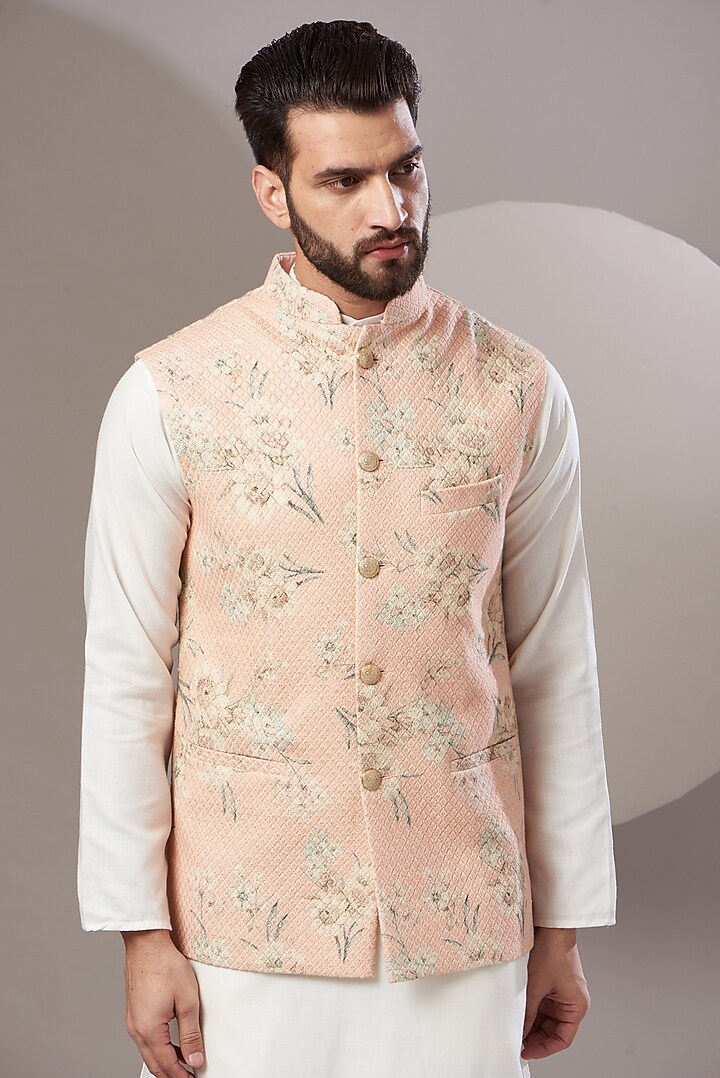 Peach Embroidered Nehru Jacket by Kasbah Clothing at Pernia's Pop Up Shop