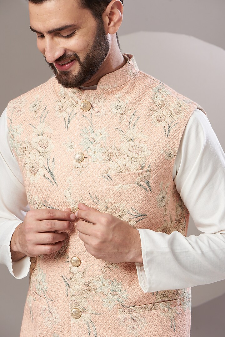 Peach Embroidered Nehru Jacket by Kasbah Clothing at Pernia's Pop Up Shop