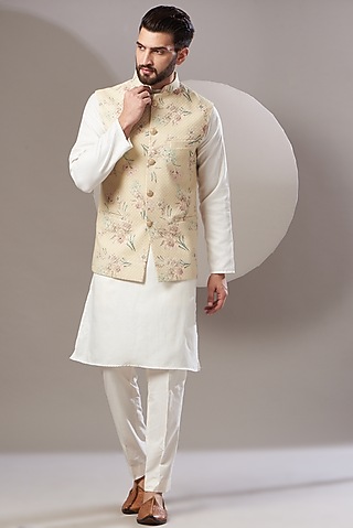 Cream Pista Embroidered Nehru Jacket by Kasbah Clothing