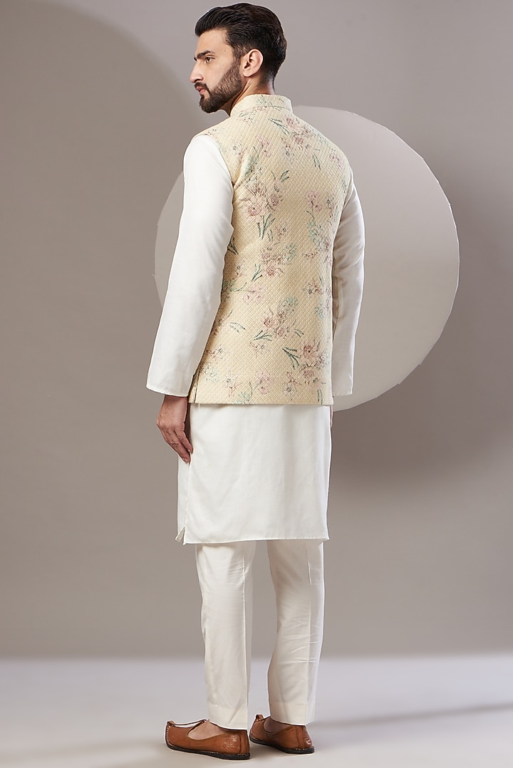 Cream Pista Embroidered Nehru Jacket by Kasbah Clothing at Pernia's Pop Up Shop