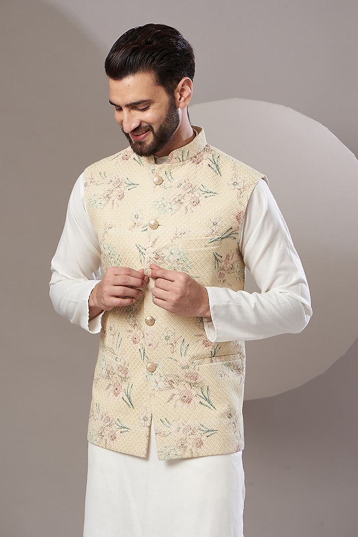 Cream Pista Embroidered Nehru Jacket by Kasbah Clothing at Pernia's Pop Up Shop