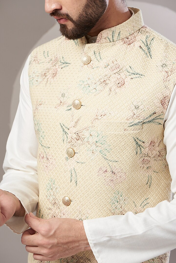 Cream Pista Embroidered Nehru Jacket by Kasbah Clothing at Pernia's Pop Up Shop