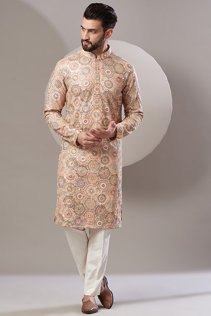 Peach Thread Embroidered Kurta by Kasbah Clothing at Pernia's Pop Up Shop
