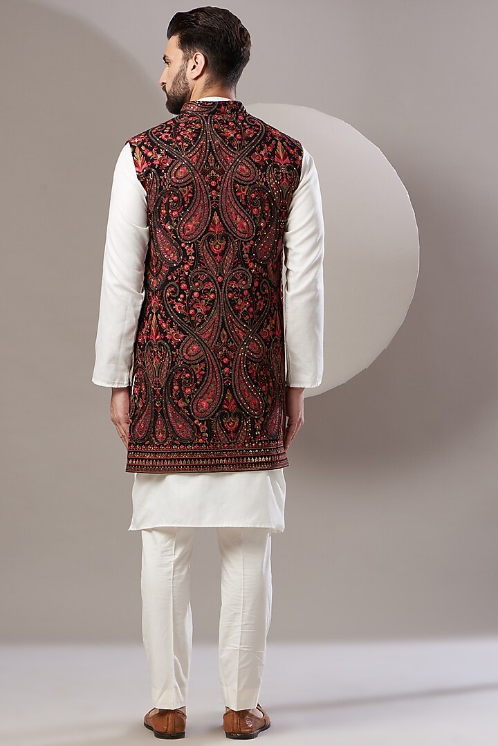 Black Embroidered Long Jacket by Kasbah Clothing at Pernia's Pop Up Shop