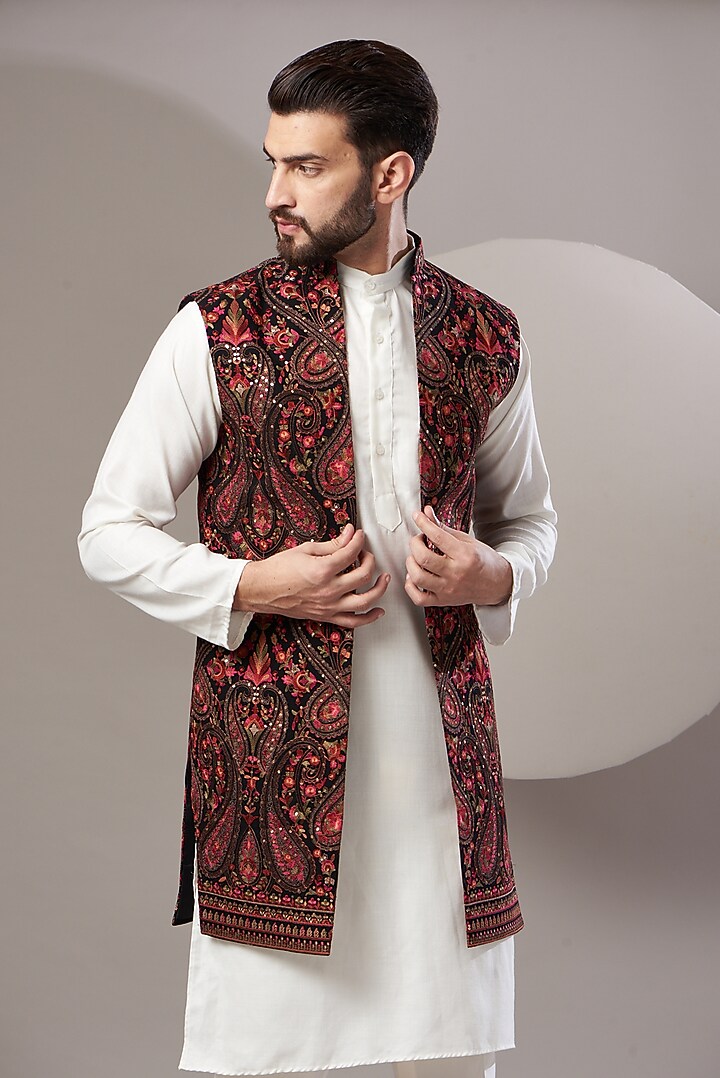 Black Embroidered Long Jacket by Kasbah Clothing at Pernia's Pop Up Shop