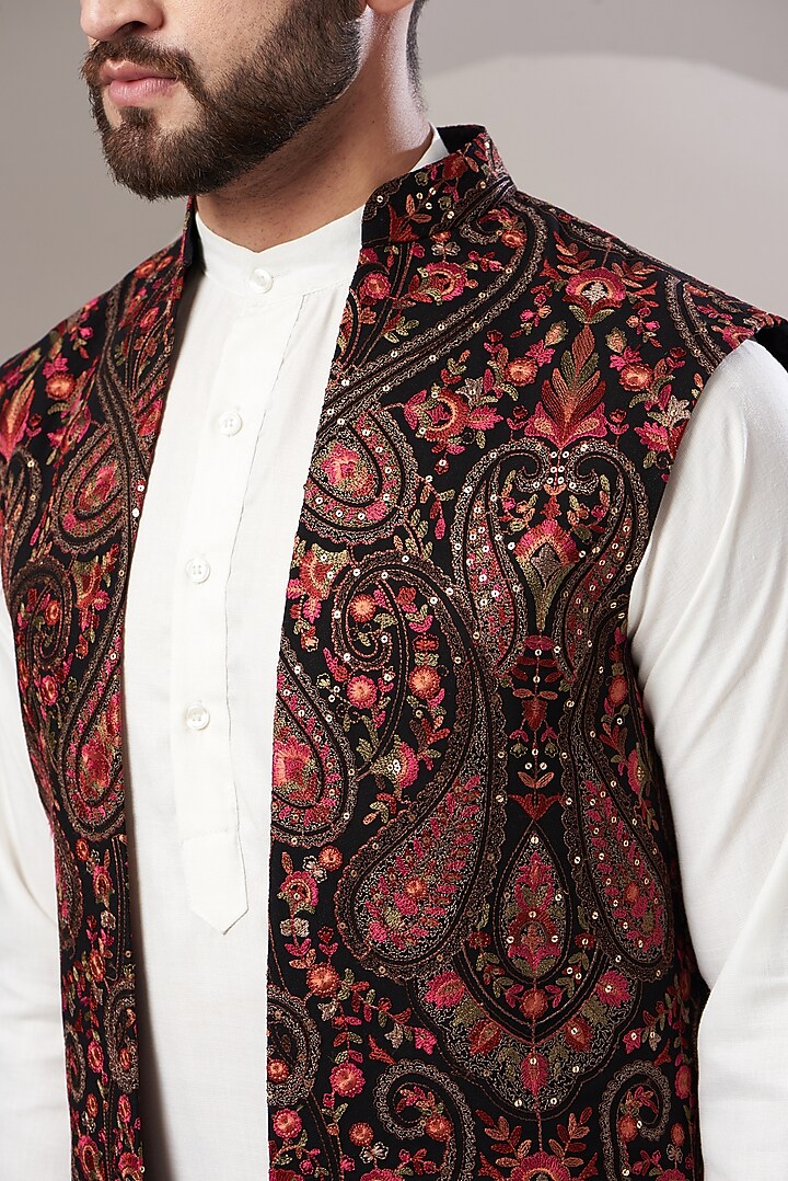 Black Embroidered Long Jacket by Kasbah Clothing at Pernia's Pop Up Shop