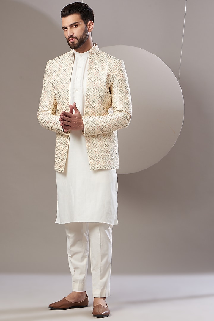 Off-White Embroidered Open Bandhgala  by Kasbah Clothing