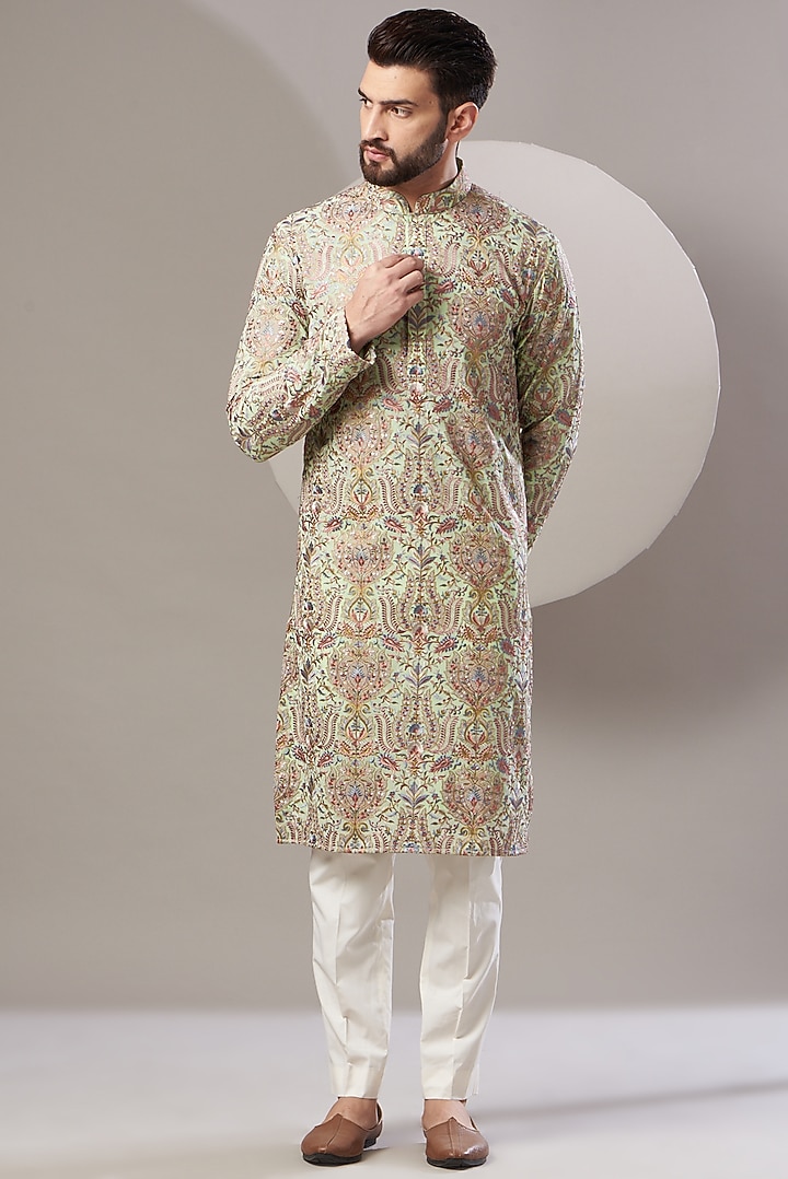 Mint Green Thread Embroidered Kurta by Kasbah Clothing at Pernia's Pop Up Shop