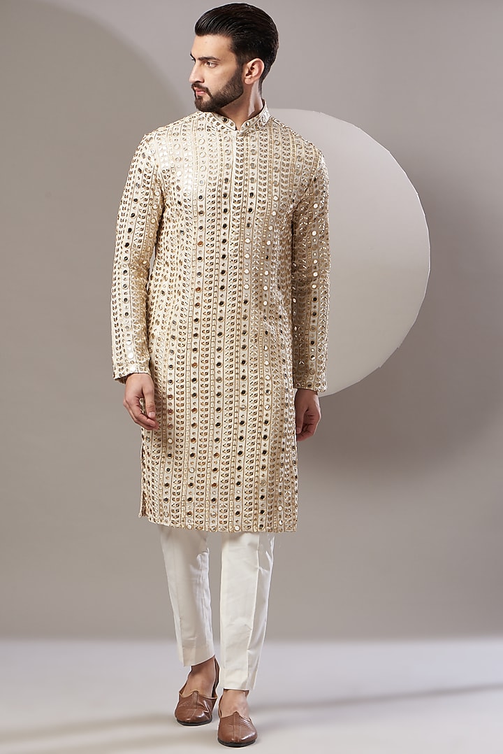White Georgette Zari & Foil Embroidered Kurta by Kasbah Clothing at Pernia's Pop Up Shop