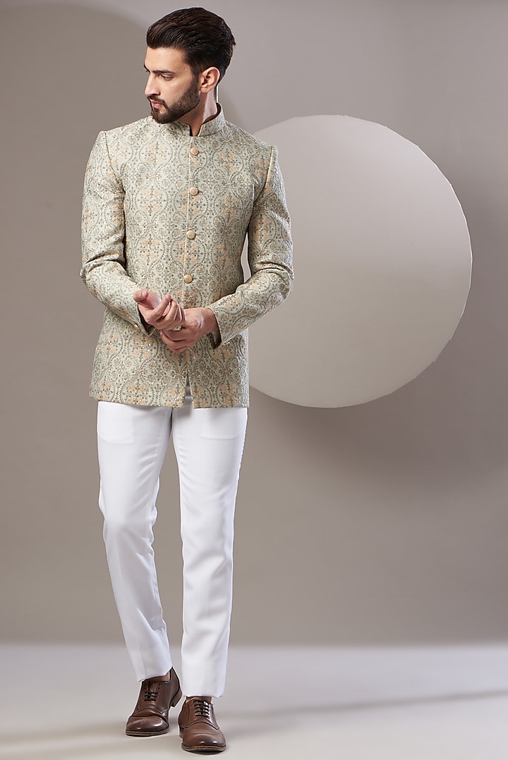 Mint Green Embroidered Bandhgala by Kasbah Clothing