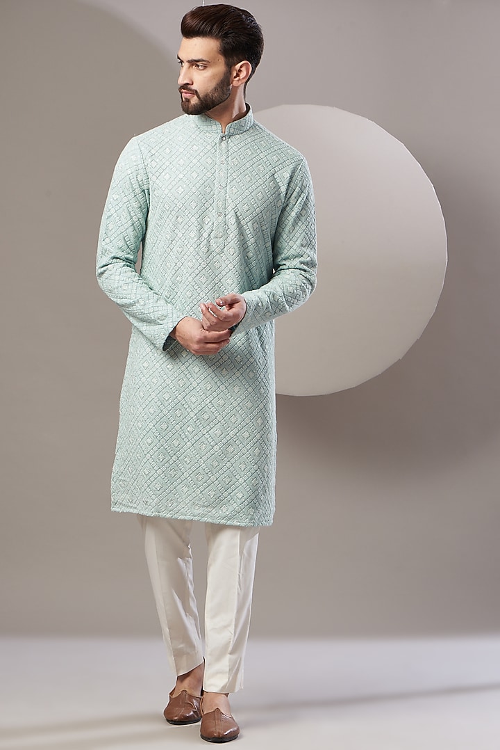 Powder Blue Embroidered Kurta Design by Kasbah Clothing at Pernia's Pop