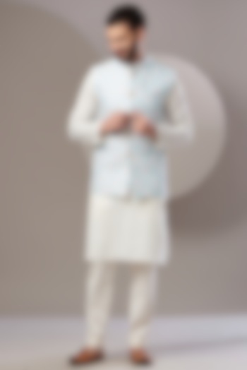 Sky Blue Embroidered Nehru Jacket by Kasbah Clothing at Pernia's Pop Up Shop