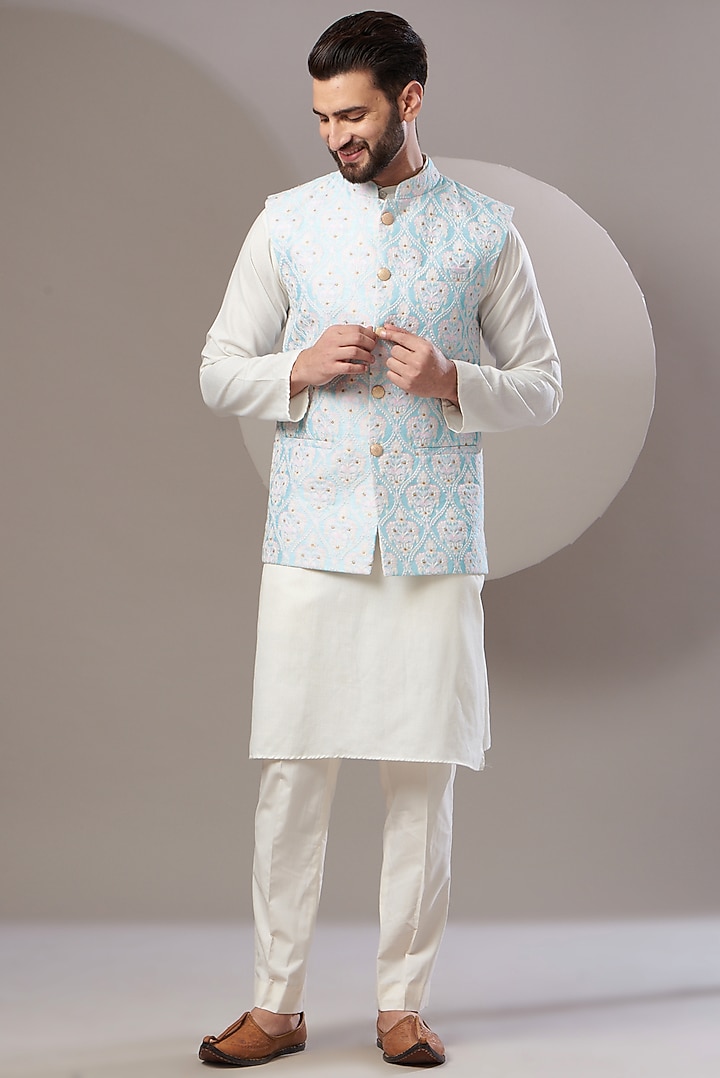 Sky Blue Embroidered Nehru Jacket by Kasbah Clothing at Pernia's Pop Up Shop