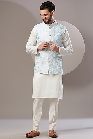 Sky Blue Embroidered Nehru Jacket by Kasbah Clothing