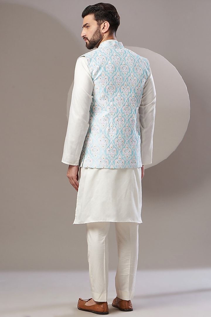 Sky Blue Embroidered Nehru Jacket by Kasbah Clothing at Pernia's Pop Up Shop