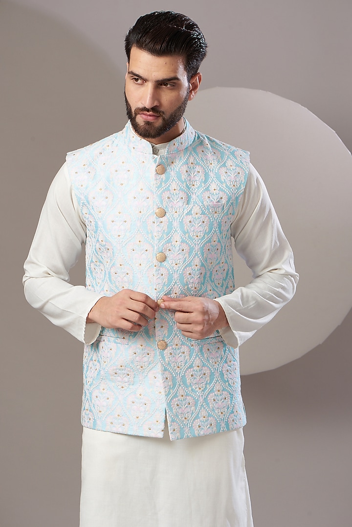 Sky Blue Embroidered Nehru Jacket by Kasbah Clothing at Pernia's Pop Up Shop