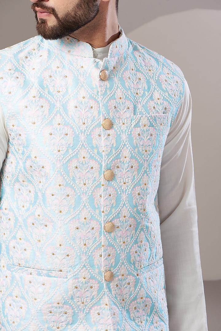 Sky Blue Embroidered Nehru Jacket by Kasbah Clothing at Pernia's Pop Up Shop