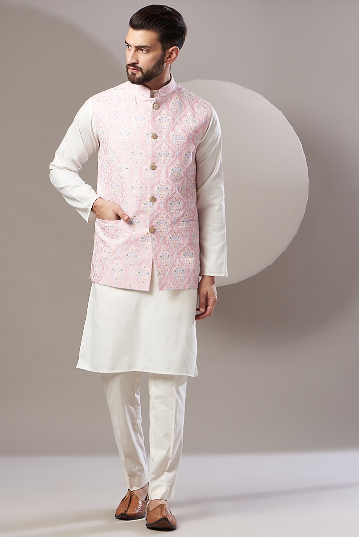 Blush Pink Embroidered Nehru Jacket by Kasbah Clothing at Pernia's Pop Up Shop