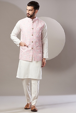 Blush Pink Embroidered Nehru Jacket by Kasbah Clothing