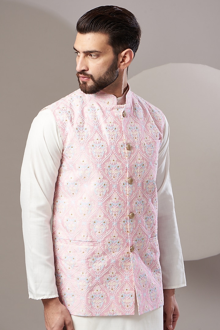 Blush Pink Embroidered Nehru Jacket by Kasbah Clothing at Pernia's Pop Up Shop
