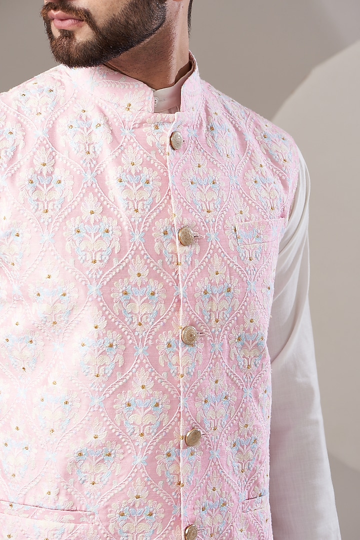 Blush Pink Embroidered Nehru Jacket by Kasbah Clothing at Pernia's Pop Up Shop
