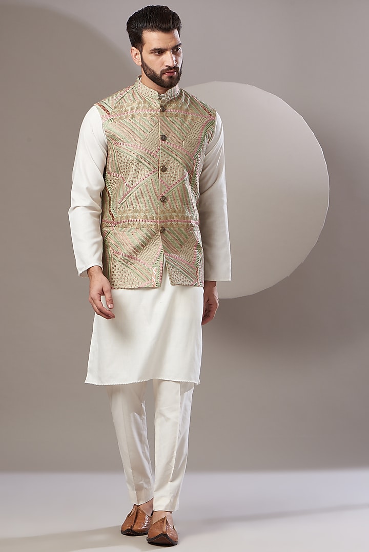 Mint Green Embroidered Nehru Jacket by Kasbah Clothing at Pernia's Pop Up Shop