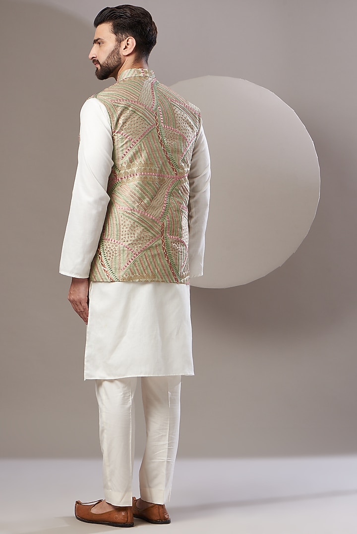 Mint Green Embroidered Nehru Jacket by Kasbah Clothing at Pernia's Pop Up Shop