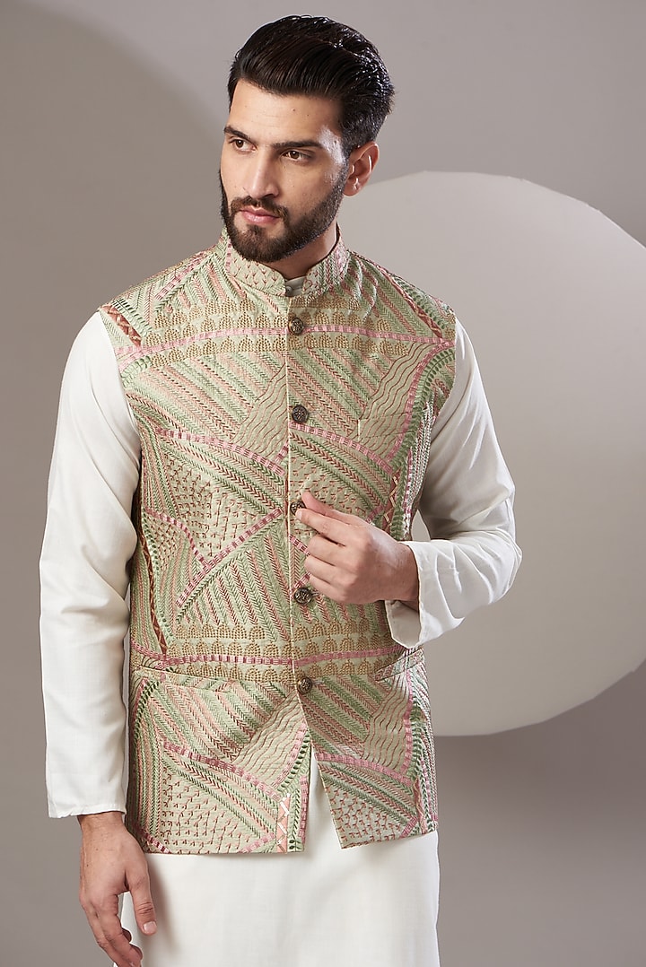 Mint Green Embroidered Nehru Jacket by Kasbah Clothing at Pernia's Pop Up Shop