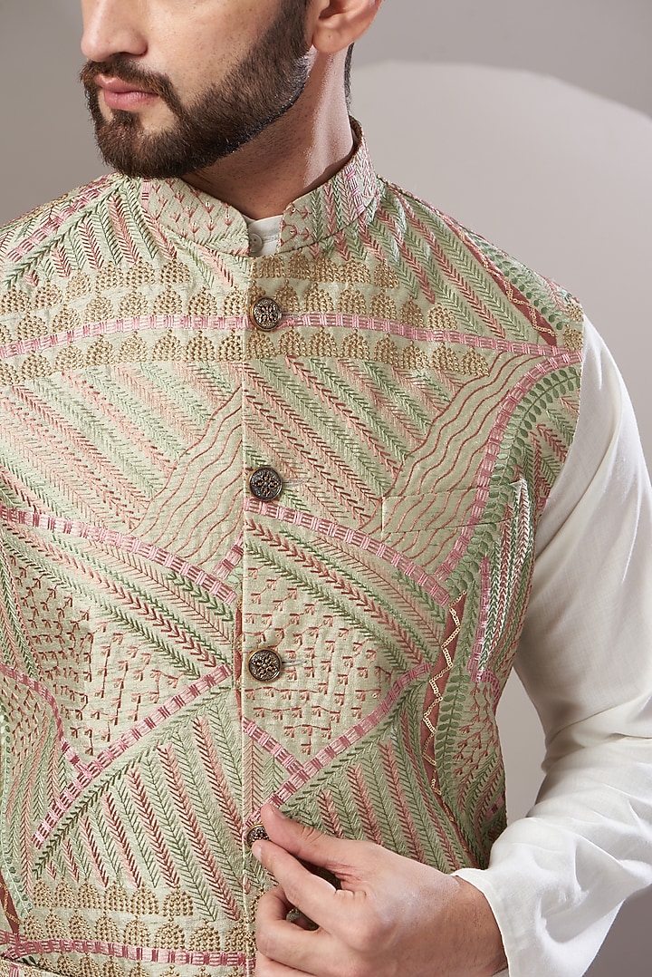 Mint Green Embroidered Nehru Jacket by Kasbah Clothing at Pernia's Pop Up Shop
