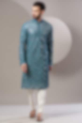 Teal Blue Mirror Embroidered Kurta by Kasbah Clothing at Pernia's Pop Up Shop