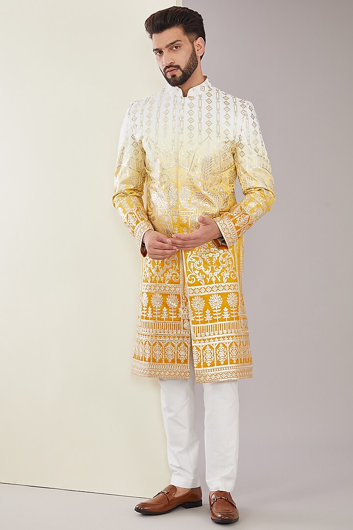 Yellow Chanderi Silk Floral Applique Embroidered Sherwani by Kasbah Clothing