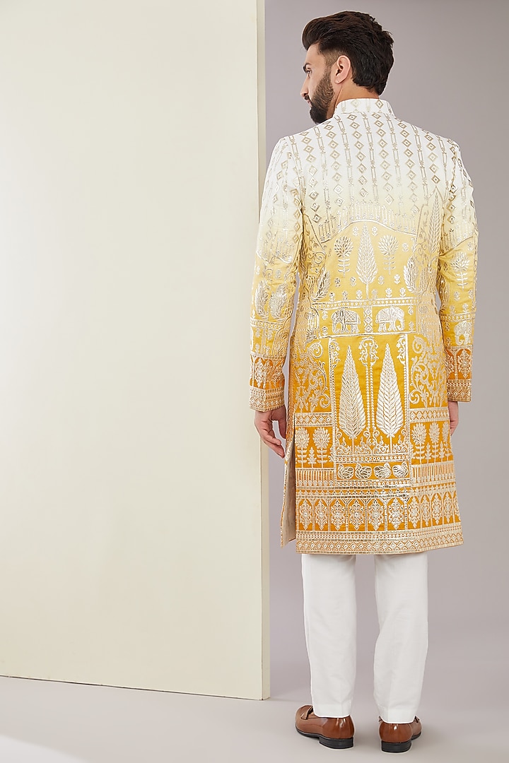 Yellow Chanderi Silk Floral Applique Embroidered Wedding Sherwani by Kasbah Clothing at Pernia's Pop Up Shop