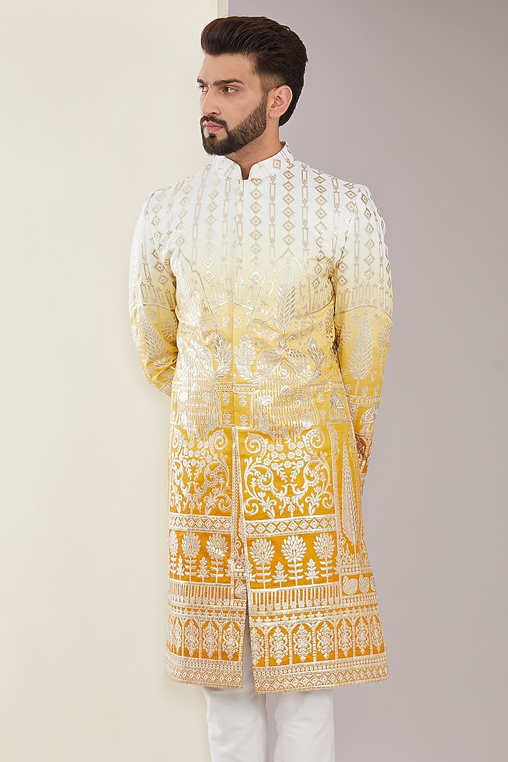 Yellow Chanderi Silk Floral Applique Embroidered Wedding Sherwani by Kasbah Clothing at Pernia's Pop Up Shop