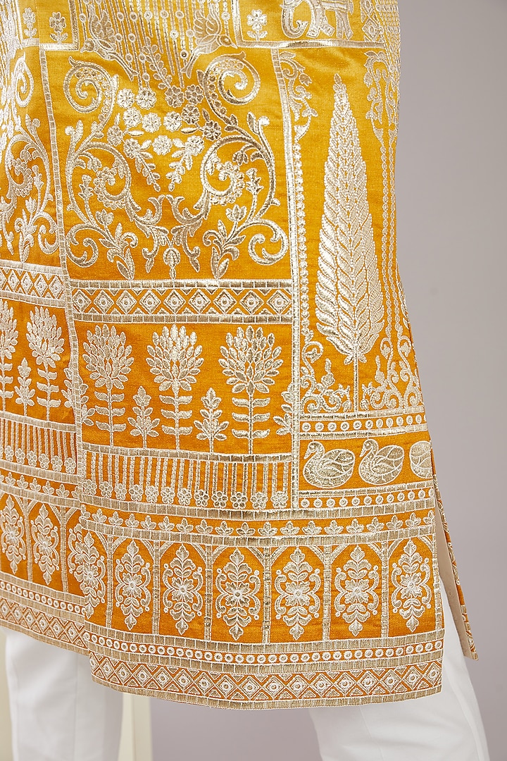 Yellow Chanderi Silk Floral Applique Embroidered Wedding Sherwani by Kasbah Clothing at Pernia's Pop Up Shop