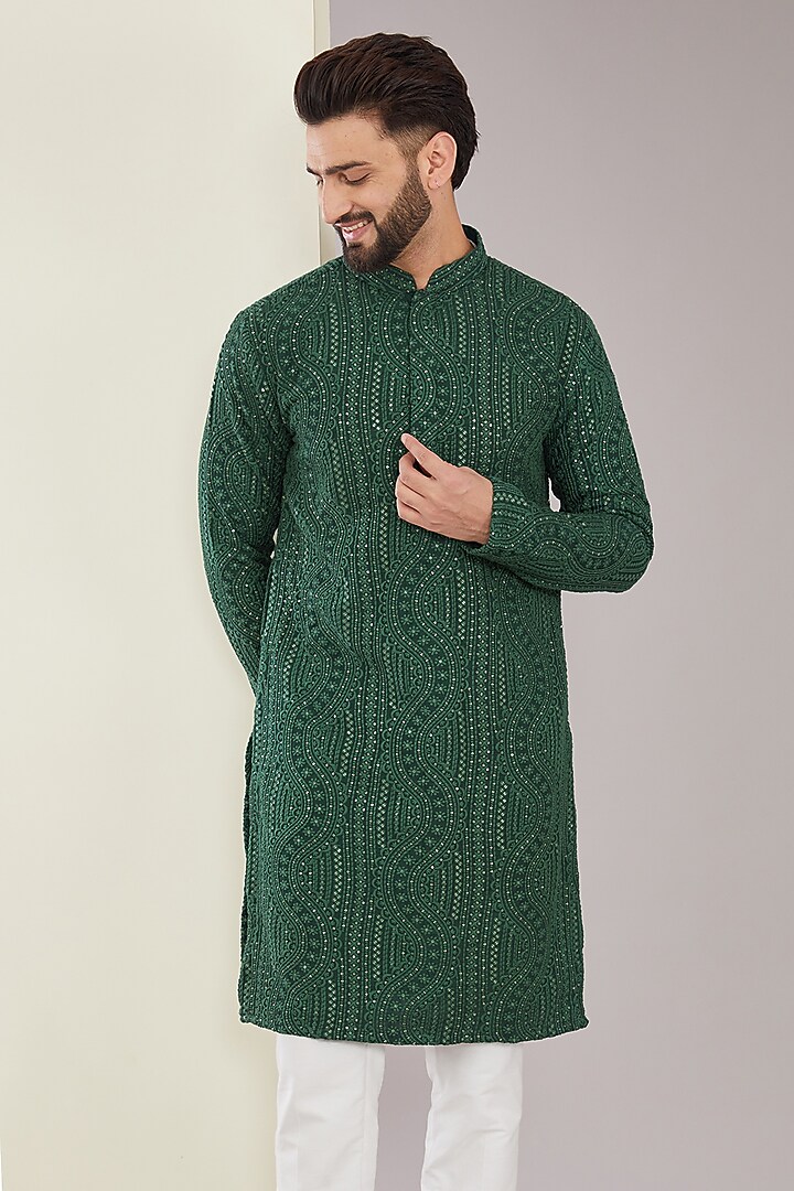 Bottle Green Silk Sequins Embroidered Chikankari Kurta by Kasbah Clothing at Pernia's Pop Up Shop