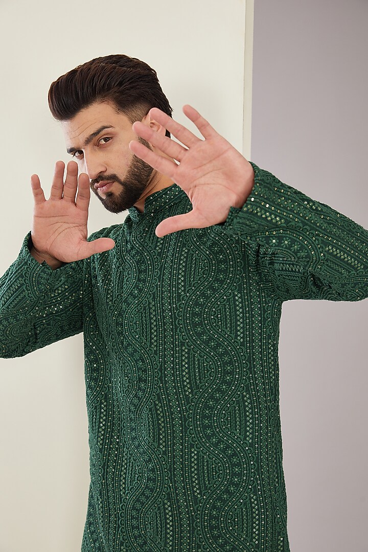 Bottle Green Silk Sequins Embroidered Chikankari Kurta by Kasbah Clothing at Pernia's Pop Up Shop